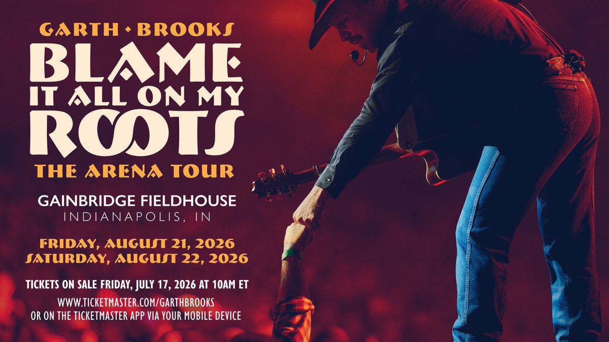 OnAirWithAmanda's tweet photo. Garth Brooks is launching his 2026 Blame It All On My Roots Tour in Indianapolis!

The first two shows are set for Aug. 21 and 22 at Gainbridge Fieldhouse, with tickets going on sale July 17 at 10 a.m. ET.

Ticket details: https://t.co/u6r7b3UXvF https://t.co/LExXHnW0xu