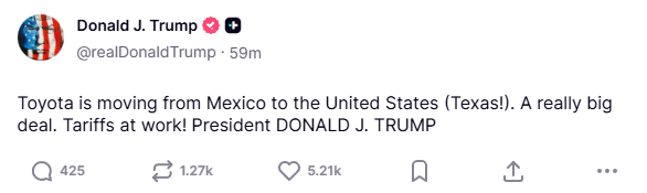 Jeremybtc's tweet photo. I wonder if Trump bought any Toyota stock before this post https://t.co/3z35cnBzm0