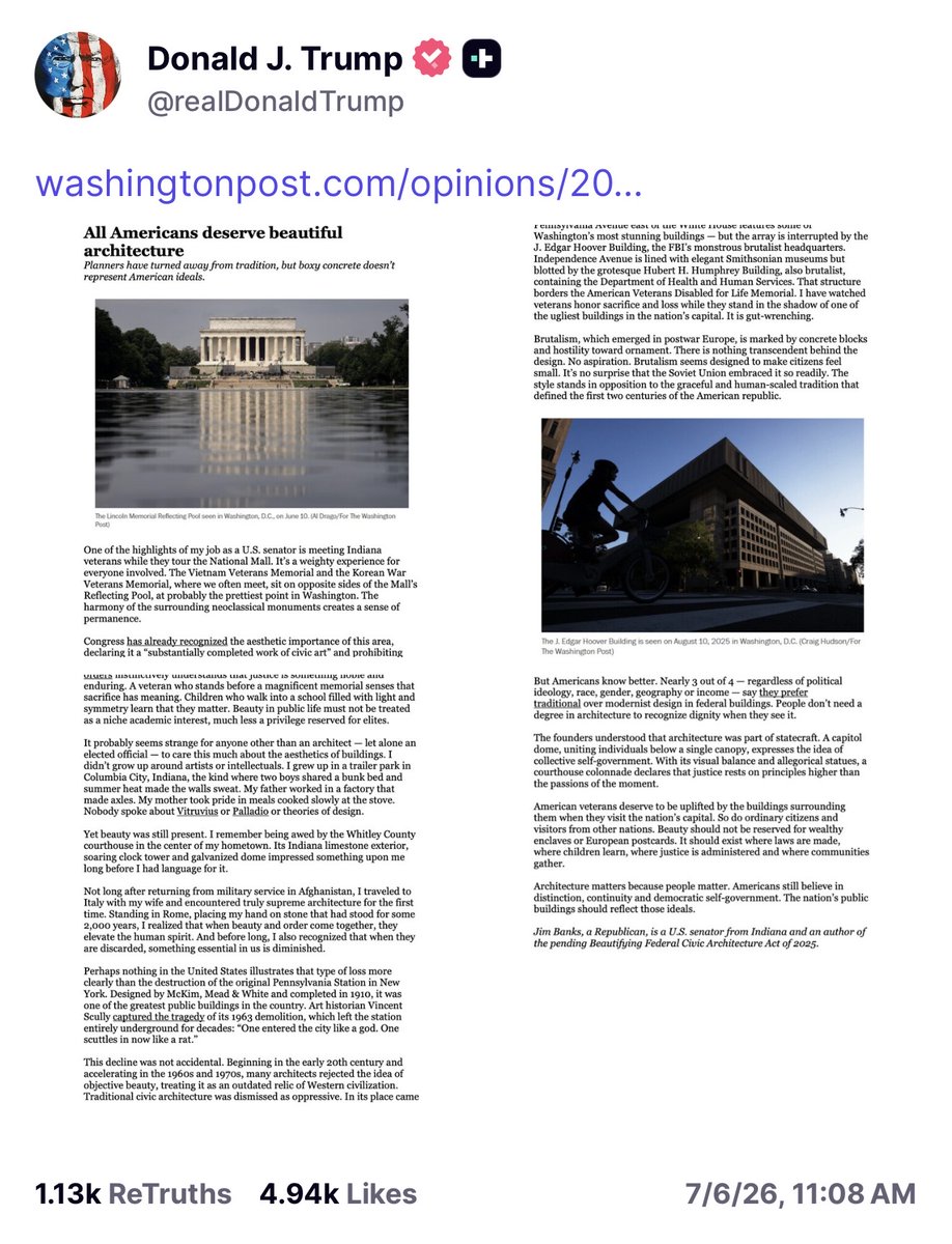 SenatorBanks's tweet photo. Thank you, @POTUS.

Americans deserve beautiful buildings.

Our architecture should remind Americans of the values that have guided our country for 250 years. https://t.co/TP3ujqrr6c