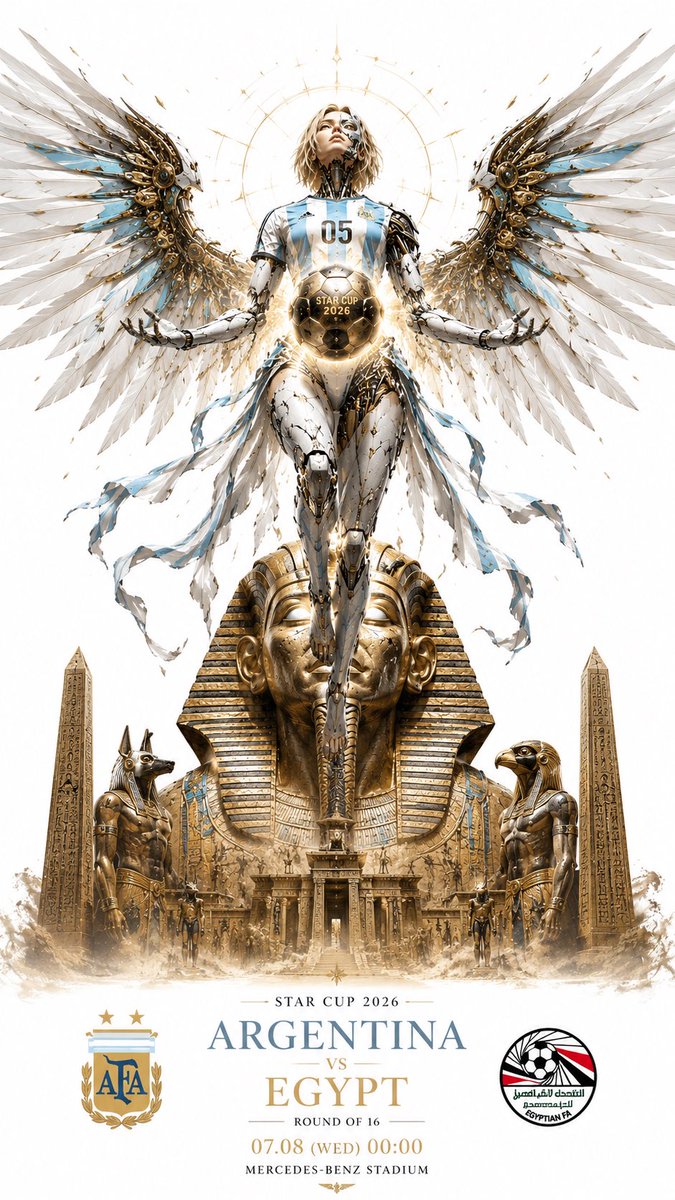 ownhome45's tweet photo. THE DESCENT｜Eva vs. Egypt
降臨時刻｜Eva against Egypt  

The moment gold meets steel. She descends beneath the Pharaoh’s gaze, ready to tear open the next gate of the Round of 16.

“Number 05. Wings that never break.”

#OwnHome45 #SteelAndStardust #Eva05阿根廷降臨 https://t.co/DYwVCST1kF