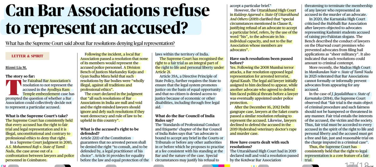 imRavikantYadav's tweet photo. Can Bar Associations refuse to represent an accused?
:An informative article by Rizmi Lia M
#BarAssociations
#RightToFairTrial #LegalRepresentation
#SupremeCourt
#Law #Constitution
#UPSC
Source: TH https://t.co/X1rRqD1SLo