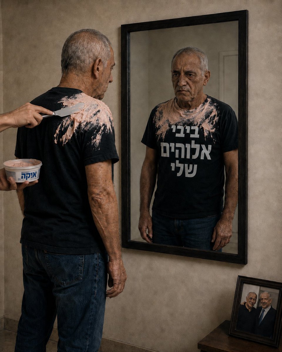איור סאטירי: תומך נתניהו בחולצת “ביבי אלוהים שלי” עומד מול מראה, בזמן שמורחים על גבו איקרה — דימוי לכך שמכרו לו סיפור במקום עובדות.