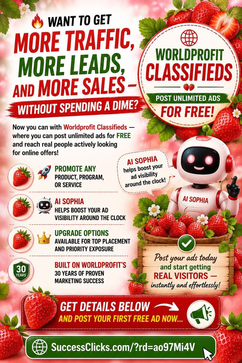 DanoEnterprises's tweet photo. 🍓 Get your business seen without spending a dime! Post unlimited FREE ads, attract real visitors, and start growing your online business today. 🚀

👉 https://t.co/UwfwTO3KwC

#FreeAdvertising #ClassifiedAds #OnlineMarketing #DigitalMarketing #AffiliateMarketing #TrafficGen https://t.co/zrszC5tecE