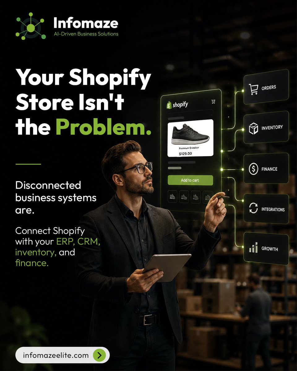 infomazeelite's tweet photo. Most businesses don't outgrow Shopify. They outgrow disconnected systems. When inventory, ERP, CRM and finance operate separately, growth becomes manual. Better architectureβnot more appsβis what makes Shopify scale.
#Shopify #eCommerce #ShopifyPlus #BusinessAutomation https://t.co/j5pQY0evRL