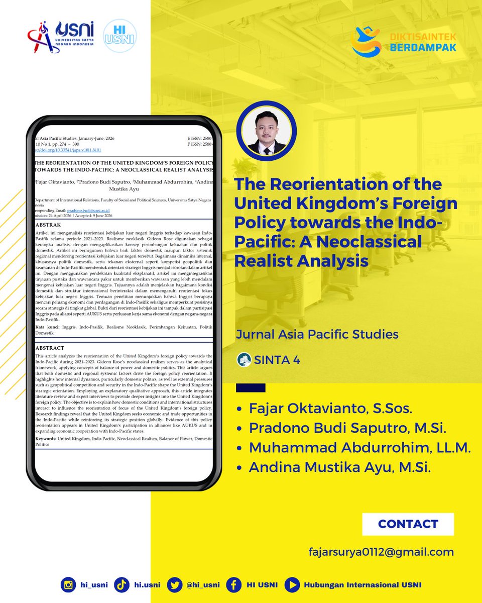 hi_usni's tweet photo. Program Studi Ilmu Hubungan Internasional @usniofficial mengucapkan selamat kepada alumni HI Fajar Oktavianto, S.Sos. yang telah berhasil mempublikasikan artikel ilmiahnya di Jurnal Asia Pacific Studies.

#hiusni https://t.co/og8UrMt6Sn