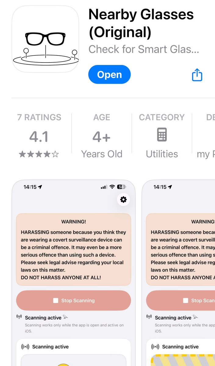 JustineBateman's tweet photo. New app detects privacy-violating recording glasses nearby. https://t.co/Ovn5gGWXNF https://t.co/abzrQrz7Mm