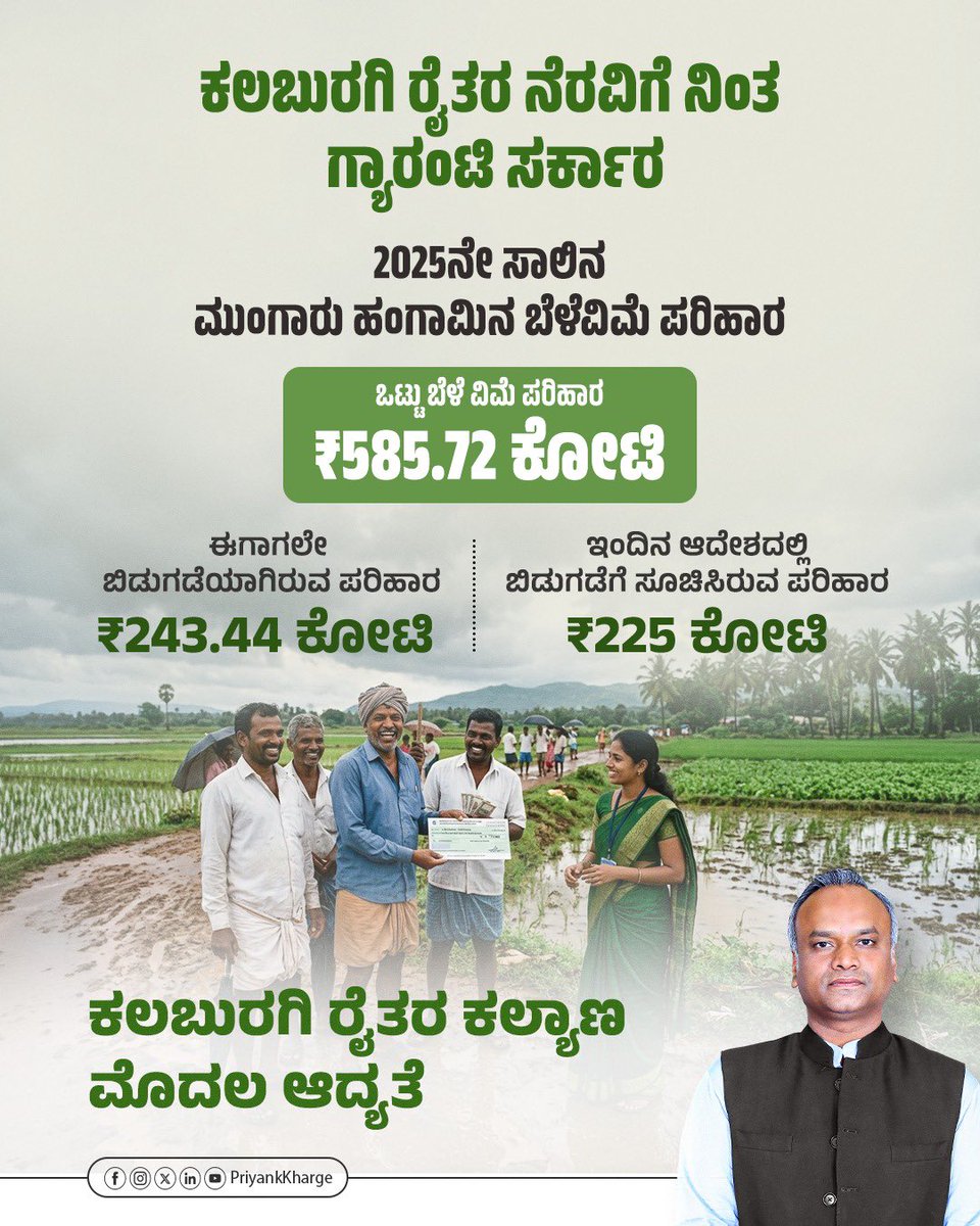PriyankKharge's tweet photo. ಯಾವುದೇ ಸಂಕಷ್ಟಗಳನ್ನು ಎದುರಿಸಲು ಕಲಬುರಗಿ ರೈತರೊಂದಿಗೆ ನಮ್ಮ ಸರ್ಕಾರವಿದೆ.
ಅತಿವೃಷ್ಠಿ ಇರಲಿ, ಅನಾವೃಷ್ಠಿ ಇರಲಿ, ರೈತರ ಬದುಕು ಕುಸಿಯದಂತೆ ನೋಡಿಕೊಳ್ಳಲು ಸರ್ಕಾರದ ಪ್ರಾಮಾಣಿಕ ಪ್ರಯತ್ನ ನಿರಂತರವಾಗಿರಲಿದೆ.

◆ 2025ನೇ ಸಾಲಿನ ಮುಂಗಾರು ಹಂಗಾಮಿನ ಅತಿವೃಷ್ಠಿಯಲ್ಲಿ ಕಲಬುರಗಿ ರೈತರ ಬೆಳೆ ಹಾನಿಗೆ ಸಂಬಂಧಿಸಿದಂತೆ PMFBY ಯೋಜನೆಯಡಿಯಲ್ಲಿ ₹585.72 ಕೋಟಿ ವಿಮಾ ಪರಿಹಾರ ಮೊತ್ತವನ್ನು ಲೆಕ್ಕಾಚಾರ ಮಾಡಲಾಗಿದೆ.

◆ ಇದುವರೆಗೂ ₹243.44 ಕೋಟಿ ಮೊತ್ತವನ್ನು ಇತ್ಯರ್ಥಪಡಿಸಲಾಗಿದೆ, ಇನ್ನುಳಿದ ₹342.27 ಕೋಟಿ ಮೊತ್ತದಲ್ಲಿ ₹225 ಕೋಟಿ ಮೊತ್ತವನ್ನು ಬಿಡುಗಡೆ ಮಾಡಲು ಆದೇಶ ಮಾಡಲಾಗಿದೆ.
ಇನ್ನುಳಿದ ವಿಮಾ ಪರಿಹಾರವನ್ನು ಶೀಘ್ರದಲ್ಲೇ ರೈತರ ಕೈ ಸೇರುವಂತೆ ಕ್ರಮ ಕೈಗೊಳ್ಳಲಾಗುವುದು.

ಕಲಬುರಗಿ ರೈತರ ಕಲ್ಯಾಣಕ್ಕೆ ನಮ್ಮ ಸರ್ಕಾರ ಸದಾ ಬದ್ದ.
#ಕಲಬುರಗಿಕಲ್ಯಾಣ
