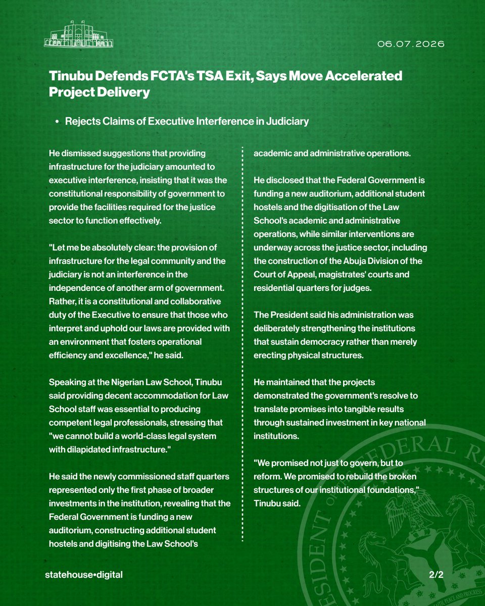 NGRPresident's tweet photo. Tinubu Defends FCTA's TSA Exit, Says Move Accelerated Project Delivery.

@officialABAT | @SGFAkume https://t.co/aakDqdidfM