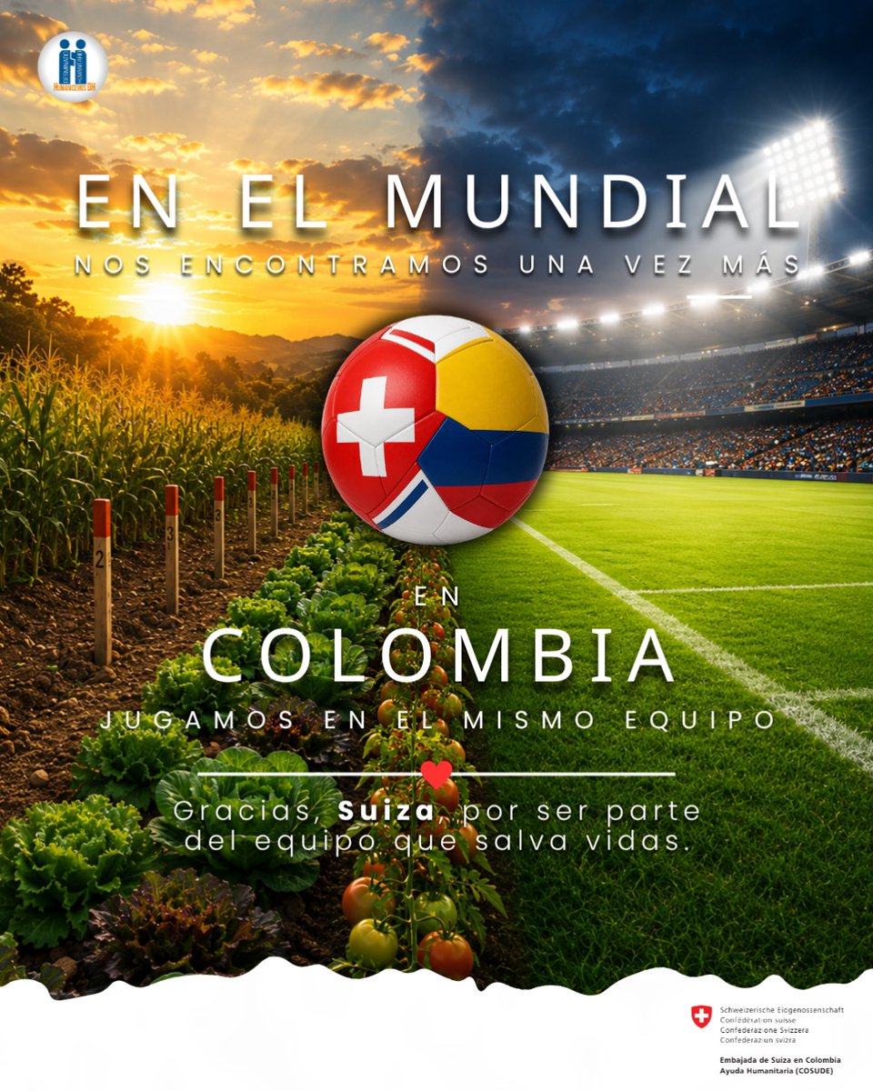 HUMANICEMOS_DH's tweet photo. 1/3🧵 Mientras el mundo habla sobre un partido del #mundialdefútbol2026, nosotros queremos hablar del equipo que salva vidas, a través de la ayuda humanitaria. #Colombia y #Suiza comparten mucho más que 90 minutos de fútbol. https://t.co/sIhbehORCU