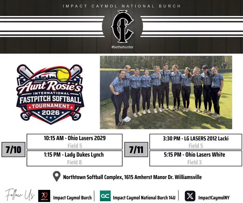 ImpactCaymolNY's tweet photo. Excited to be back at Aunt Rosie's International Fastpitch Tournament this weekend.  Pool play begins Friday morning! GO IC! 🖤🩶🤍 https://t.co/1nLrGh3lyE