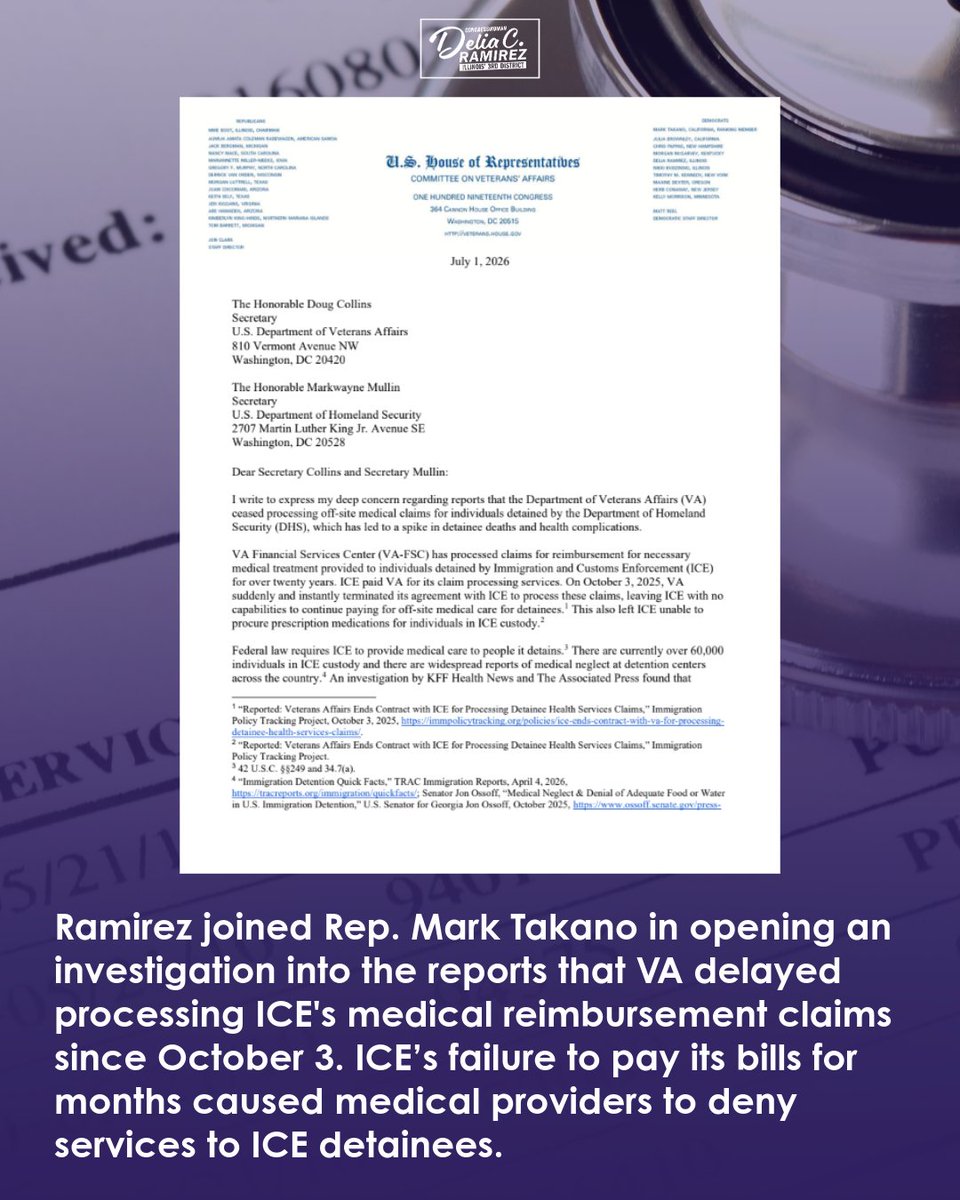 repdeliaramirez's tweet photo. For months, the VA has failed to pay invoices for medical services provided to those in ICE detention. The VA's failure has meant people in ICE detention are not getting the medical care they need.

Medical care in ICE detention is not negotiable. @RepMarkTakano and I opened an investigation to demand accountability!