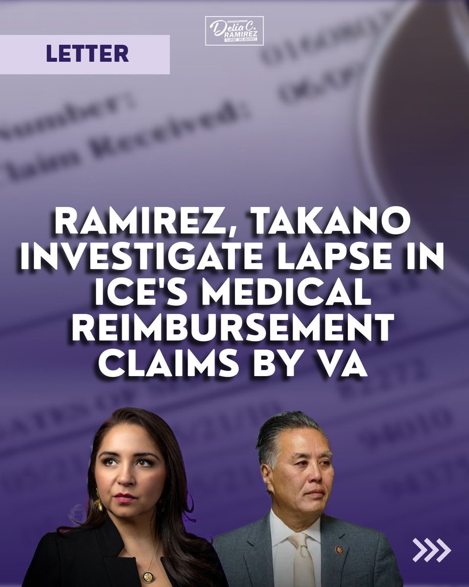 repdeliaramirez's tweet photo. For months, the VA has failed to pay invoices for medical services provided to those in ICE detention. The VA's failure has meant people in ICE detention are not getting the medical care they need.

Medical care in ICE detention is not negotiable. @RepMarkTakano and I opened an investigation to demand accountability!