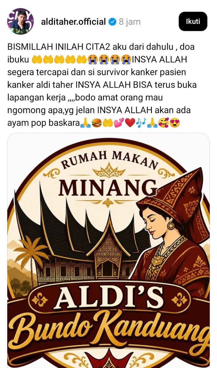 Intrendseleb's tweet photo. Aldi Taher terus mengembangkan sayapnya. Setelah terakhir kemarin membuka Ayam Goreng Basah, sekarang usahanya nambah lagi.

Rumah Makan Minang Aldi's Bubda Kandung. Katanya ini cita-cita dia dari dulu dan disertai Doa Ibu Insya Allah segera tercapai.

Postingan atas usaha barunya ini langsung memantik komentar netizen. Ada yg merasa janggal karena usahanya bisa banyak dalam waktu singkat, ada juga yg memberikan nasehat jika terlalu cepat expansi tanpa terukur dan hitungannya tidak tepat nanti malah hancur.

Jadi penasaran ga sih gimana rasa dari menu Ayam Pop Baskara nantinya..