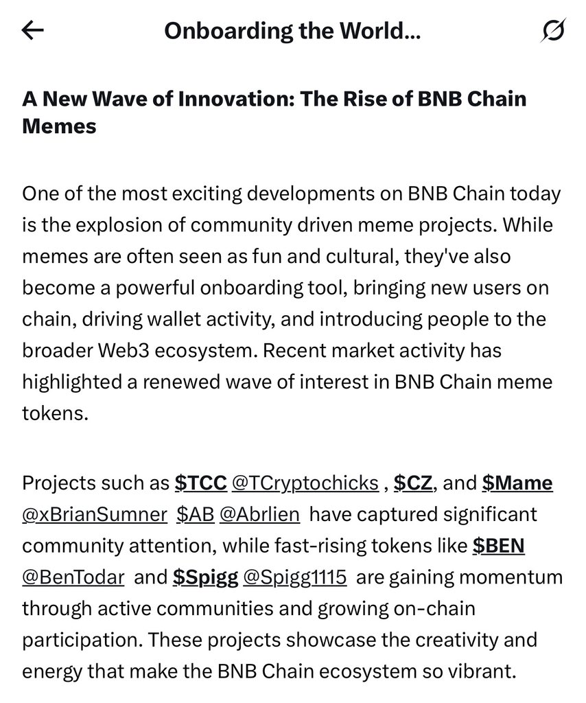 Alpha_ChrisX's tweet photo. Memes have become more than internet humor, they’re one of Web3’s most effective onboarding tools.

They simplify complex concepts, spark curiosity, and make the onchain world feel approachable. What starts as a meme often leads to a wallet creation, a first onchain transaction, or someone’s entry into a thriving community.

That’s the power of culture, it turns attention into participation.

Shoutout to @AaronShames @BenTodar @crypt_omar @TCryptochicks @xBrianSumner @Eljaboom @Abrlien @Spigg1115 @Nick_fromNL and also every creator, community builder, educator, and ecosystem contributor using memes, utilities and community led initiatives to onboard more people onchain. 

You’re proving that the path to mass adoption isn’t built with code alone, it’s built with culture on @BNBCHAIN