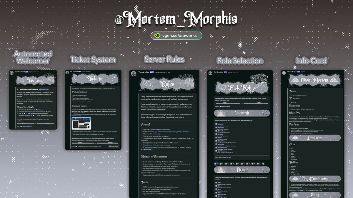 NorbzVT's tweet photo. I feel like I should do an intro about what I do again, so let me tell you what I do :3

I'm the person behind Ura Works, a creative studio built for creators with a heavy focus on VTubers. And one of our main things? Discord revamps.

Now I know revampers exist already, but hear me out because what I do is different.

I don't just rearrange your channels and call it a day. I analyze your brand, your theme, your tone and from there I design assets and write copies that match your lore and style from scratch.

Every server I build is a true reflection of your character and your world.

No templates. Everything you see in these screenshots are designed and written by me from zero

If you've been struggling with your Discord and wanted someone to just HANDLE it for you, I'm here!!

And it's not just Discord either! Ura Works also offers:
- Custom Twitch Panels
- Emotes (static AND animated)
- Character Illustrations

Come talk to us, we don't bite. Okay, maybe just a little bit 

I'm more than happy to share the process behind how I made these~