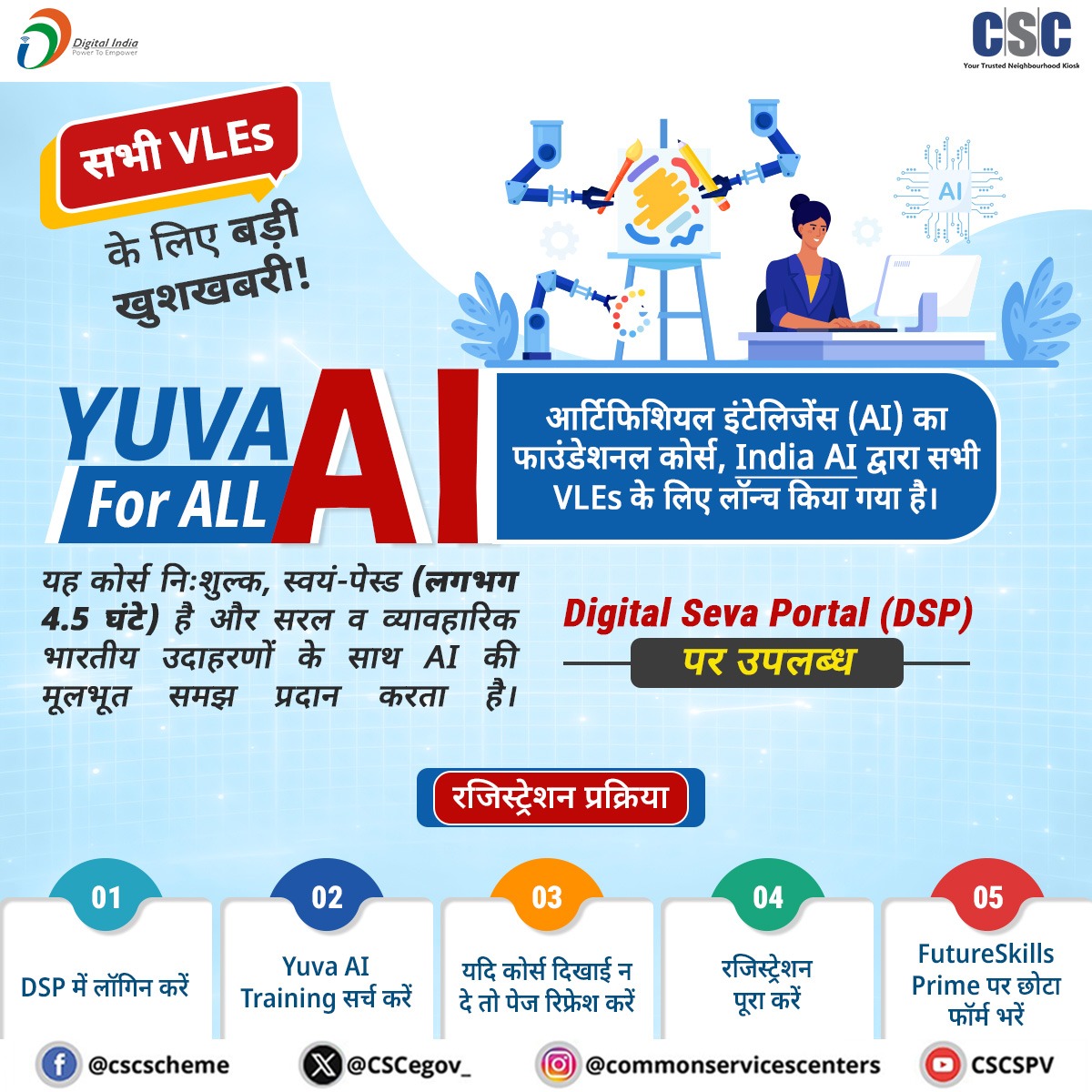 CSCegov_'s tweet photo. “YUVA AI for ALL” आर्टिफिशियल इंटेलिजेंस (AI) का फाउंडेशनल कोर्स, India AI द्वारा सभी VLEs के लिए लॉन्च किया गया है।

यह कोर्स निःशुल्क, स्वयं-पेस्ड (लगभग 4.5 घंटे) है और सरल व व्यावहारिक भारतीय उदाहरणों के साथ AI की मूलभूत समझ प्रदान करता है।

📍Digital Seva Portal (DSP) पर उपलब्ध

रजिस्ट्रेशन प्रक्रिया:
1️⃣ DSP में लॉगिन करें
2️⃣ Yuva AI Training सर्च करें
3️⃣ यदि कोर्स दिखाई न दे तो पेज रिफ्रेश करें
4️⃣ रजिस्ट्रेशन पूरा करें
5️⃣ FutureSkills Prime पर छोटा फॉर्म भरें

#IndiaAI #AIForGovernance #ResponsibleAI #CSC #MissionAI #DigitalIndia