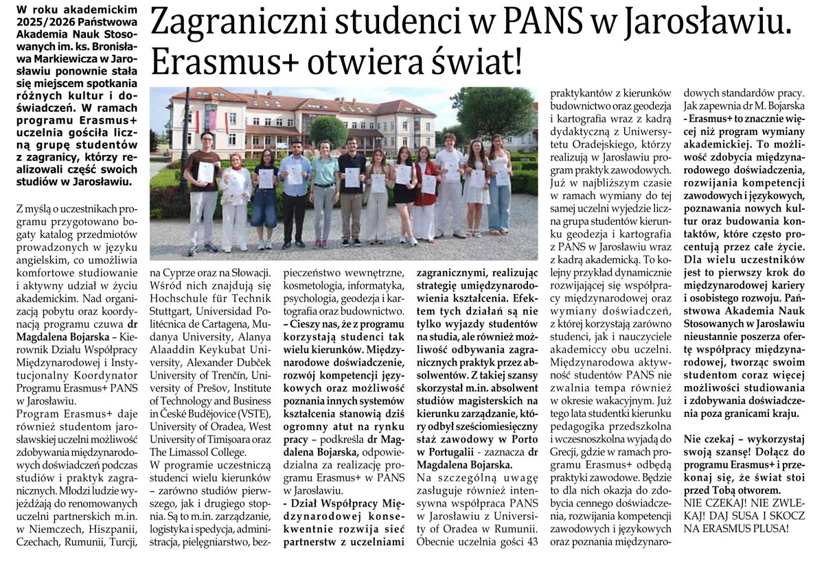 DWM_PANS's tweet photo. Zagraniczni studenci w PANS w Jarosławiu. Erasmus+ otwiera świat!
Gazeta Jarosławska nr 27, str. 15 - 8-14.07.2026 r. https://t.co/jJUhigMdxW