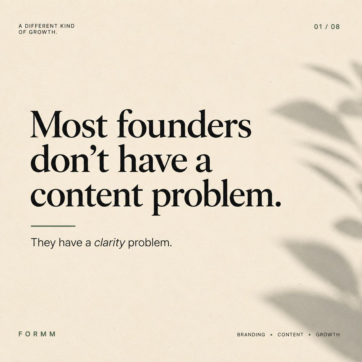 FORMM_AGENCY's tweet photo. Most founders don't have a content problem - they lack clarity. They post reels and captions that create noise. Growth is direction, not volume. Lasting brands are clear.

Swipe to see why content wasn't the issue 👉

#BrandStrategy #ContentMarketing #Clarity #StartupTips https://t.co/b2zZSU2kLD