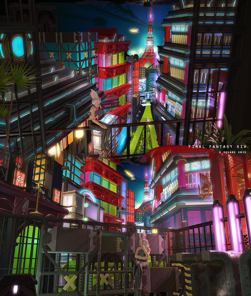 fuwawaff14's tweet photo. Hareさんの「NEO TOKYO」に伺いました🌉
公開前に拝見した時の！色彩のセンス、そして入った瞬間建物を見上げる構造、本当に新しく全てが素晴らしいです👏✨ 公開期間に絶対行くべきハウジング！ 遠近感まで計算されているので遠くから撮影するのがおすすめ🫶
#studio_hare https://t.co/M0iKiR1jip