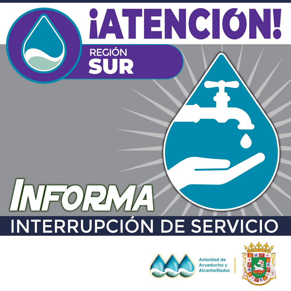 AcueductosPR's tweet photo. ⚠️ Atención | #Coamo ⚠️
💧 La estación de bombas Villa Madrid, en el municipio de #Coamo, se encuentra fuera de operación por reparación de salidero en tuberia de 8 pulgadas.
👷💧 Brigadas de la #RegiónSur se movilizan al lugar para realizar los trabajos necesarios y restablecer el servicio de agua potable a la mayor brevedad posible.
🚱💧 Mientras se completan las labores, abonados en los siguientes sectores:📍Palmarejo, Cuyón, Asomante, Algarrobo y Monte Grande podrían experimentar bajas presiones o la interrupción del servicio de agua potable.