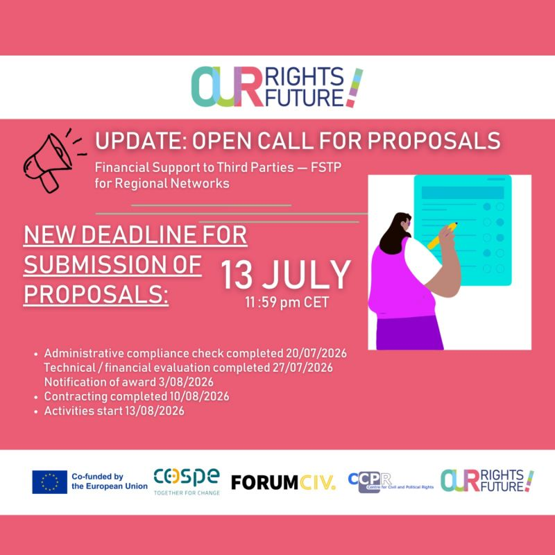 YEMKenya's tweet photo. 📢 Call for Proposals Deadline Extended: July 13

New funding opportunity for civil society organizations working to protect and promote fundamental rights around the world.

The "Our Rights, Our Future!" (OROF) call for proposals, funded by the European Union and implemented by ForumCiv, COSPE Onlus, and the (CCPR - Centre for Civil and Political Rights), aims to strengthen civil society networks defending civic space and human rights.

🌍 The opportunity is particularly addressed to networks and coalitions in #Africa, the #MENA region, #LatinAmerica, and #SoutheastAsia.

Selected organizations will receive: 
✅ Financial support for advocacy initiatives 
✅ Regional and international networking opportunities 
✅ Capacity-building and training activities

More info here: https://t.co/jYHTBlCo0Z

#HumanRights #CivilSociety #Advocacy #FundingOpportunity #NGOs #SocialChange #CapacityBuilding #bethechange #getinvolved