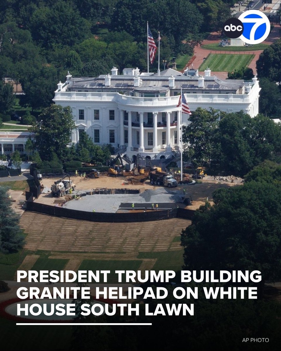 ABC7's tweet photo. President Donald Trump confirmed that he is constructing a granite helipad for Marine One on the White House South Lawn, and said it will be paid for by Sikorsky Aircraft, a subsidiary of Lockheed Martin, which makes helicopters that transport the president. https://t.co/reuC2Fc2pm