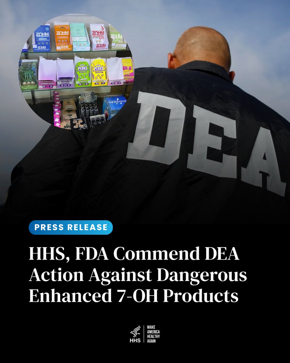 HHSGov's tweet photo. Last week, HHS and the @US_FDA commended @DEAHQ's issuance of two Notices of Intent to begin the temporary scheduling process for certain kratom-related substances.

This action is part of the Trump Administration's broader effort to combat the opioid epidemic, end addiction, crack down on deceptive products that threaten public health, and protect American families from dangerous synthetic drugs.