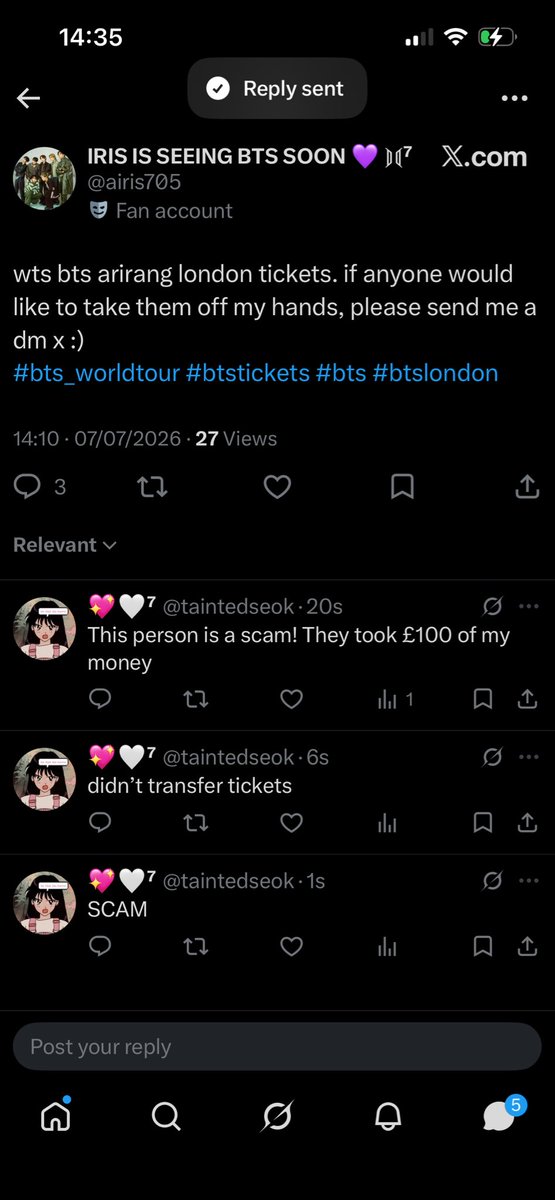 taintedseok's tweet photo. Name and Shame: this person @airis705 made me send them £100 for Day 2 BTS London tickets. They said they were going to transfer and that there was a £100 transfer fee????? Excuse me?! They blocked me on iMessage after I told them to pay said transfer fee
#BTS_ARİRANG_LONDON https://t.co/113K6epbUM