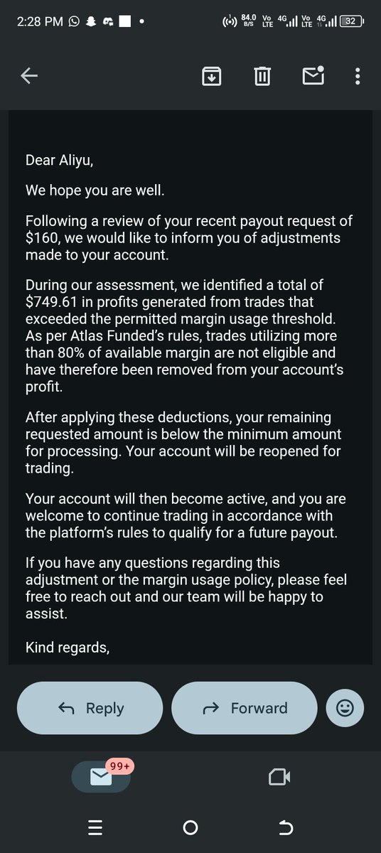 aleeyour_'s tweet photo. I traded consistently for two months and requested a $160 payout from Atlas Funded.
Instead of paying me, I was told that $749.61 in profits had been removed because of 80% margin usage" rule—a rule I do not recall being clearly disclosed before I started trading @atlasfunded https://t.co/EsxemZFcty
