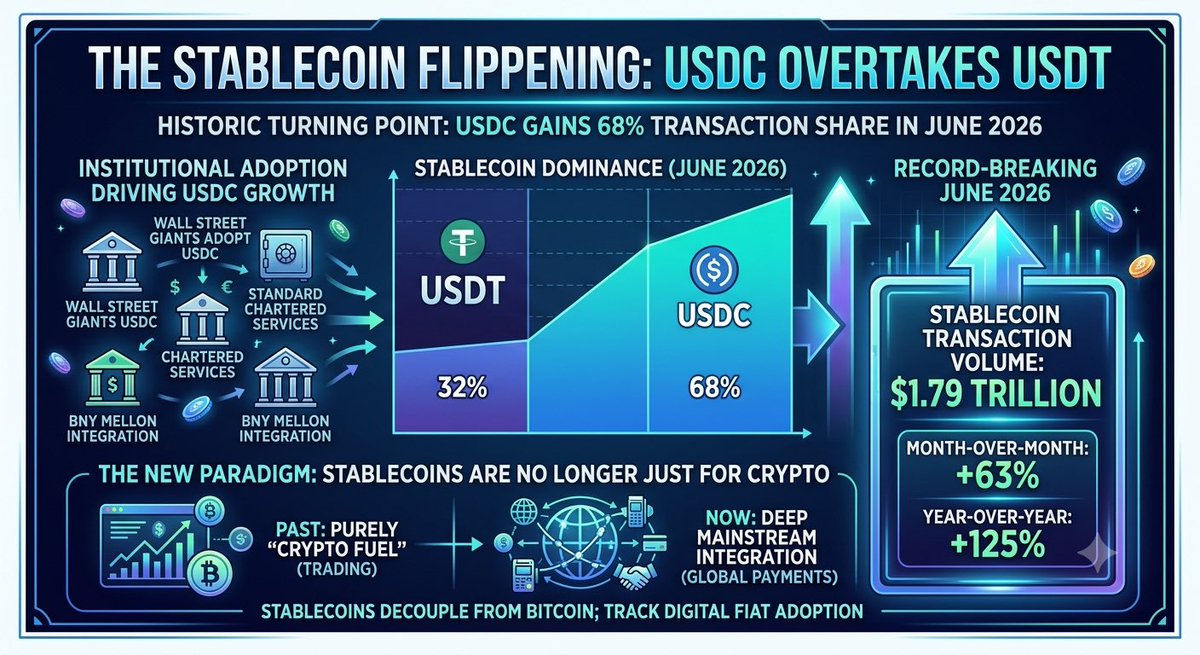 AHuyreal's tweet photo. The Stablecoin Flippening: USDC Overtakes USDT as Market Hits Record $1.79T
For the first time since 2019, Tether’s (USDT) undisputed reign over the stablecoin market has been fiercely challenged. June 2026 marked a historic turning point: USDC captured a dominant 68% share of total transaction volume, relegating USDT to just 32%.

Institutional Muscle Drives the Shift
This massive momentum shift is largely fueled by Wall Street and global banking giants. Institutional adoption has transitioned from theory to reality, highlighted by Standard Chartered and BNY (Bank of New York Mellon) actively rolling out commercial services backed by USDC.
A Record-Breaking Month
The broader stablecoin ecosystem is experiencing unprecedented growth. In June 2026, total stablecoin transaction volume hit a staggering $1.79 Trillion, representing a:
 +63% MoM increase compared to May 2026.
 +125% YoY surge compared to June 2025.