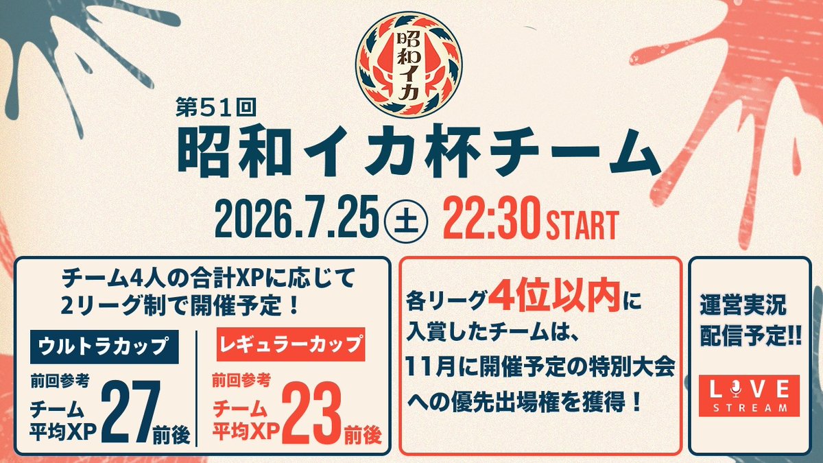 splatoon_event's tweet photo. ※拡散希望

【第51回 昭和イカ杯 チーム お知らせ】

【開催日時】2026年7月25日（土曜日）22時30分～
【ルール】ガチエリア
【チーム数】最大64チーム
【受付期間】2026年7月7日～7月20日
【参加資格】昭和生まれ

（※細かい説明は運営SITEにて）
https://t.co/Ecvks2uQtE https://t.co/pGQkqXnRRV