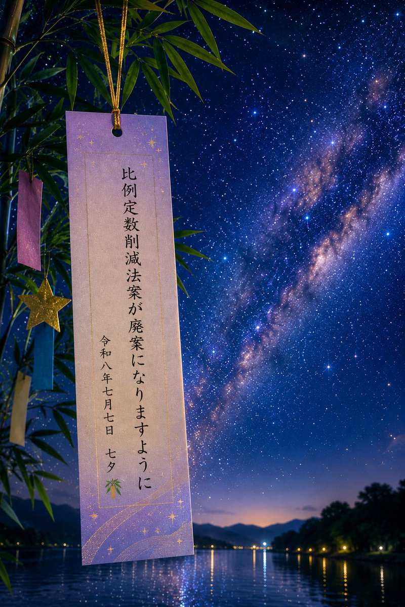 purotora_chan's tweet photo. 比例定数削減法案が
廃案になりますように。

令和8年7月7日 七夕 🎋 https://t.co/rgk6enEspz