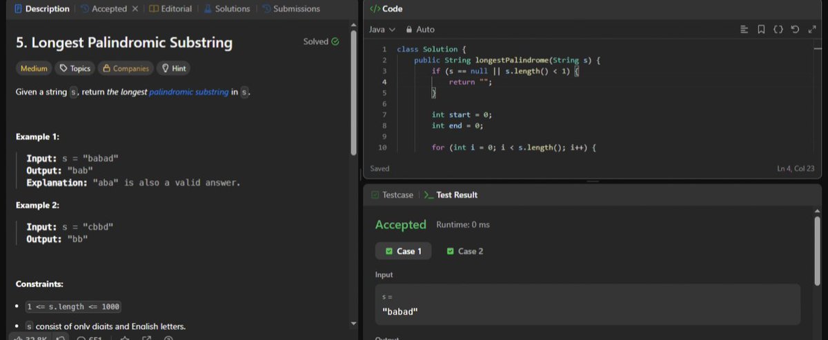 DeepantikaJ's tweet photo. #Day47 of #100DaysOfDSA
Wrapped up Strings today
Solved:
โข Longest Palindromic Substring (LC 5)
โข Sum of Beauty of All Substrings (LC 1781)
โข String to Integer atoi (LC 8)
#DSA #Java #100DaysOfCode #WomenInTech #LearnInPublic #BuildInPublic #LeetCode https://t.co/0StqJShhA0