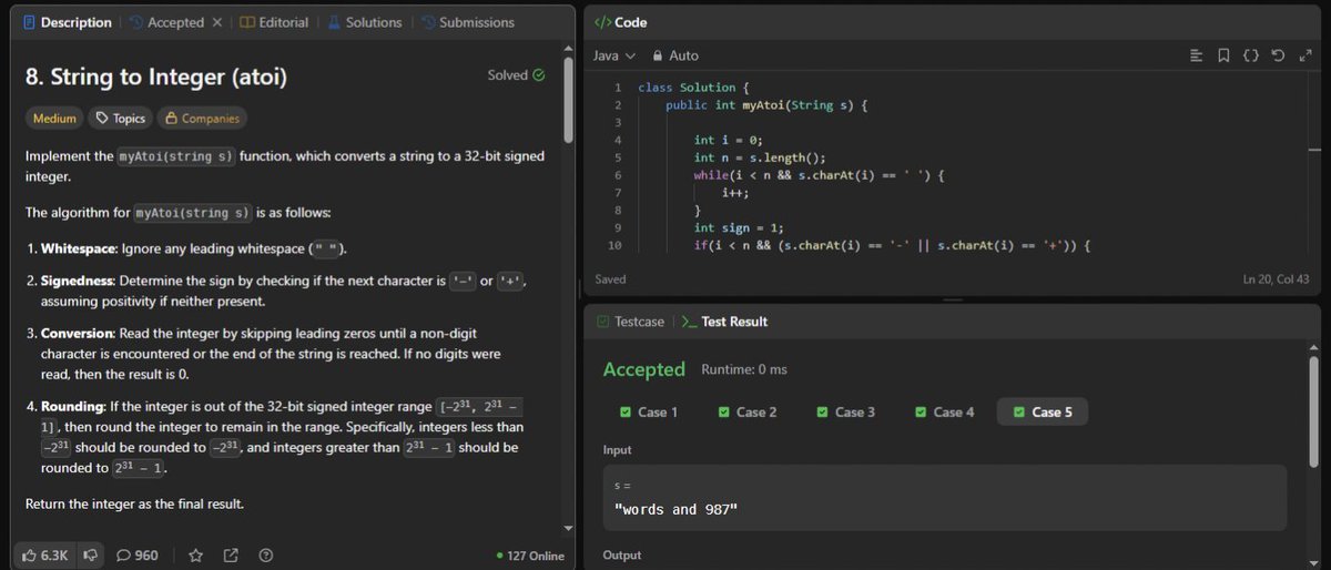 DeepantikaJ's tweet photo. #Day47 of #100DaysOfDSA
Wrapped up Strings today
Solved:
โข Longest Palindromic Substring (LC 5)
โข Sum of Beauty of All Substrings (LC 1781)
โข String to Integer atoi (LC 8)
#DSA #Java #100DaysOfCode #WomenInTech #LearnInPublic #BuildInPublic #LeetCode https://t.co/0StqJShhA0