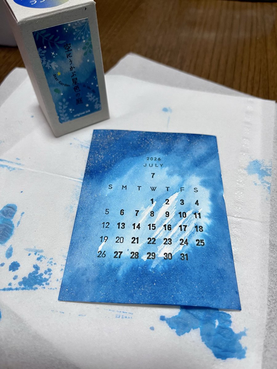 saico0's tweet photo. 七夕に今月のカレンダーインク染め。文具女子博オリジナルラメ配合の空にうかぶ星空の庭(KA-KU) https://t.co/Qu1jfmXKaS