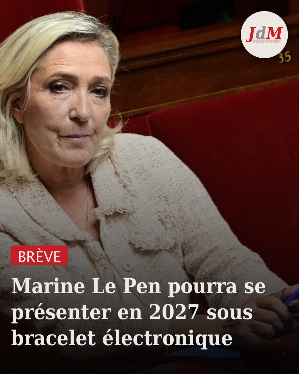 JeunessedMonde's tweet photo. 🔴 BRÈVE | MARINE LE PEN POURRA SE PRÉSENTER EN 2027 SOUS BRACELET ÉLECTRONIQUE

La cour d'appel de Paris n'a pas déclaré Marine Le Pen inéligible pour 2027.

Elle reste condamnée pour les assistants du FN/RN, sous bracelet électronique 🔽 https://t.co/qsk7UvvLpB