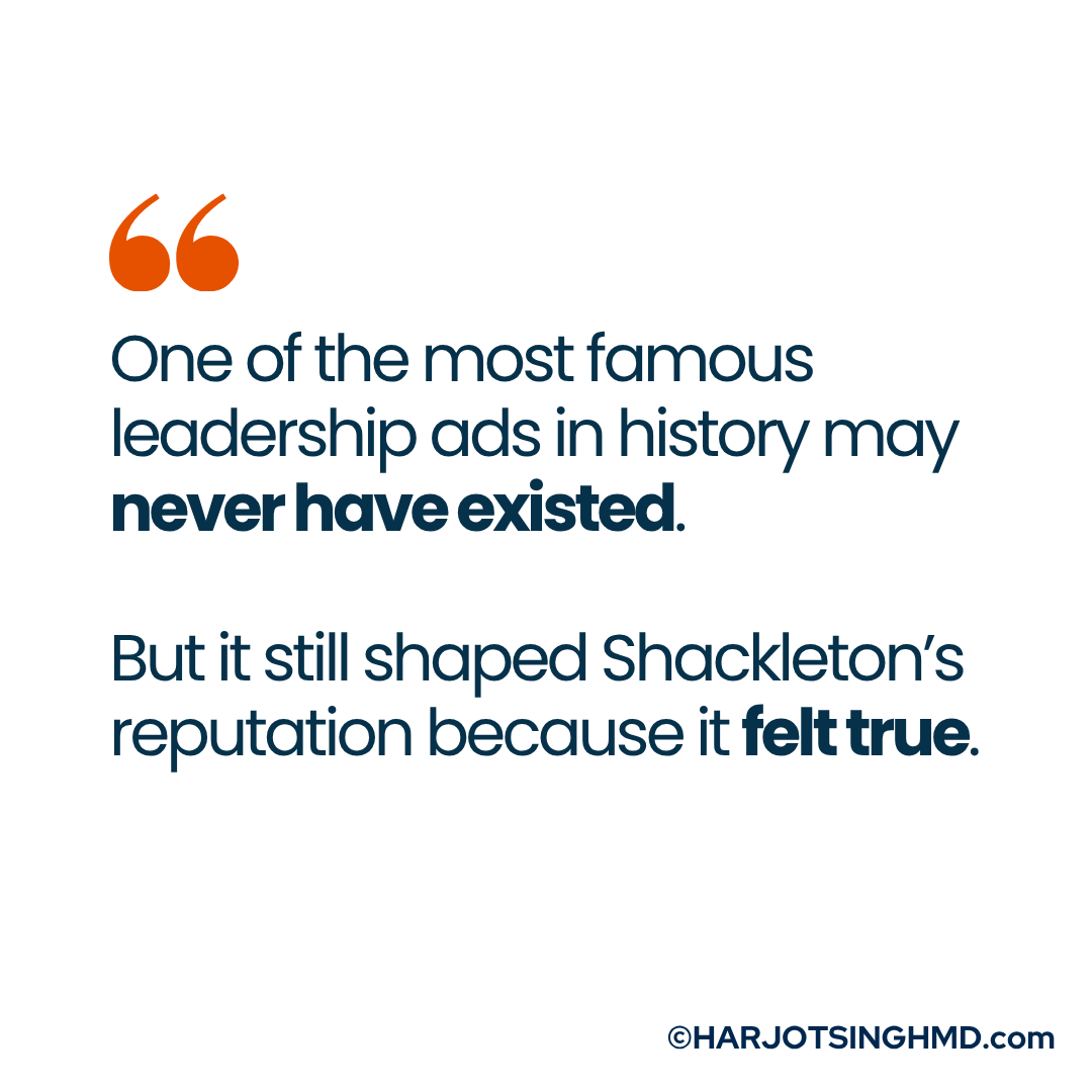 HarjotMd's tweet photo. One of the most famous leadership ads in history may never have existed. But it still shaped Shackleton’s reputation because it felt true. Read the article. https://t.co/px4zaJpMtb https://t.co/n9sR4kTifb