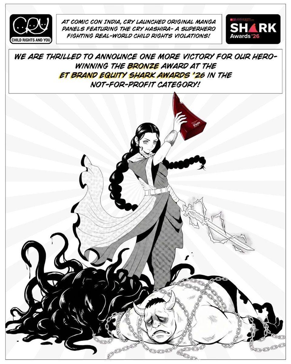 CRYINDIA's tweet photo. 🥉 Bronze looks good on us, but this one belongs to our community. ❤️

Our CRY × Comic Con collaboration has won Bronze at the ET Shark Awards 2025–26.

Thank you, ET Brand Equity, and to every supporter, volunteer, partner, and changemaker. https://t.co/ZRykYCkuEu