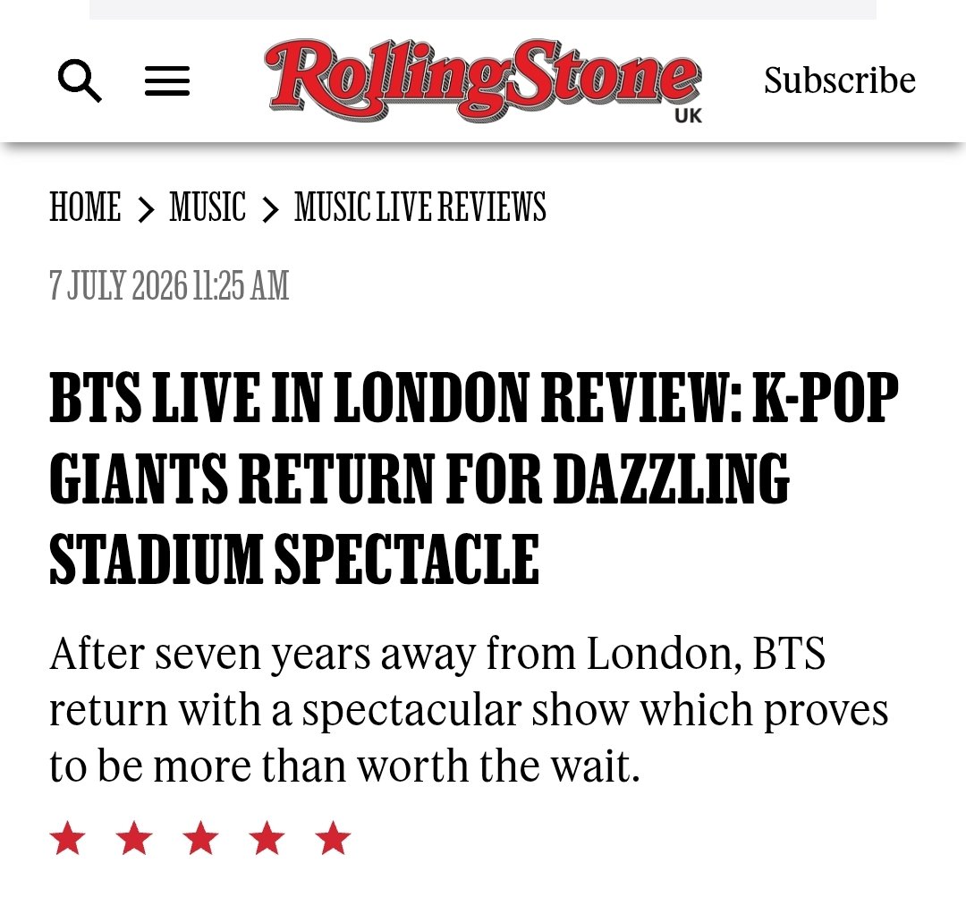Yoon_kookie97's tweet photo. RollingStone UK BTS Live In London Review:- 

“K-pop Giants Return for Dazzling Stadium Spectacle” 

- After Seven years away from London, BTS return with. Spectacular show which proves to be more than worth the wait https://t.co/UseMsKoMJD