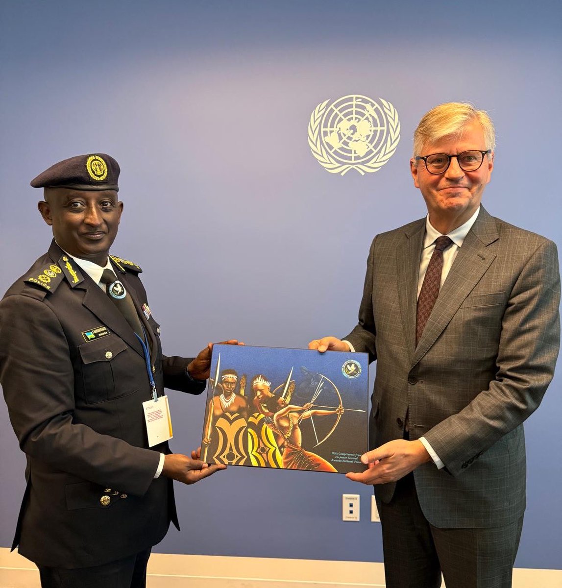 RwandaUN's tweet photo. On the sidelines of the United Nations Chiefs of Police Summit (#UNCOPS) in New York, the Inspector General of Police, CG Felix Namuhoranye and Permanent Representative, Ambassador @martin_ngoga, met with the @UN Under-Secretary-General for Peace Operations, Mr. Jean Pierre Lacroix.

Their discussions focused on #Rwanda’s existing partnership with the @UN Department of Peace Operations.
