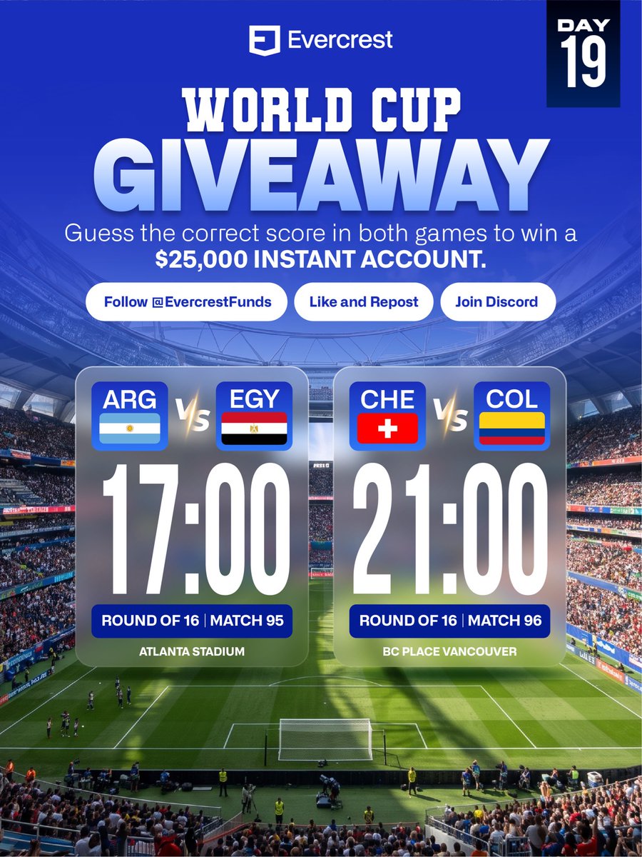 EvercrestFunds's tweet photo. World Cup Giveaway Day 19🏆⚽️
- Reply to this tweet with your prediction of both scores
- Anyone who guesses both correctly wins a $25k Instant Standard account
- Must be following @EvercrestFunds 
-Must Like and Repost
-Must Join Evercrest Discord (Link in bio)
- One entry and first entry counts only
- Good Luck