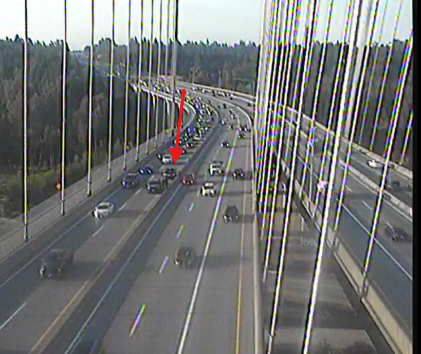 DriveBC's tweet photo. ⚠️#BCHwy1 - Westbound left lane blocked in Coquitlam lanes before mid span on #PortMannBridge. Crews are en route, pass with caution, expect delays.
#SurreyBC #Coquitlam https://t.co/hEEr7n29YY