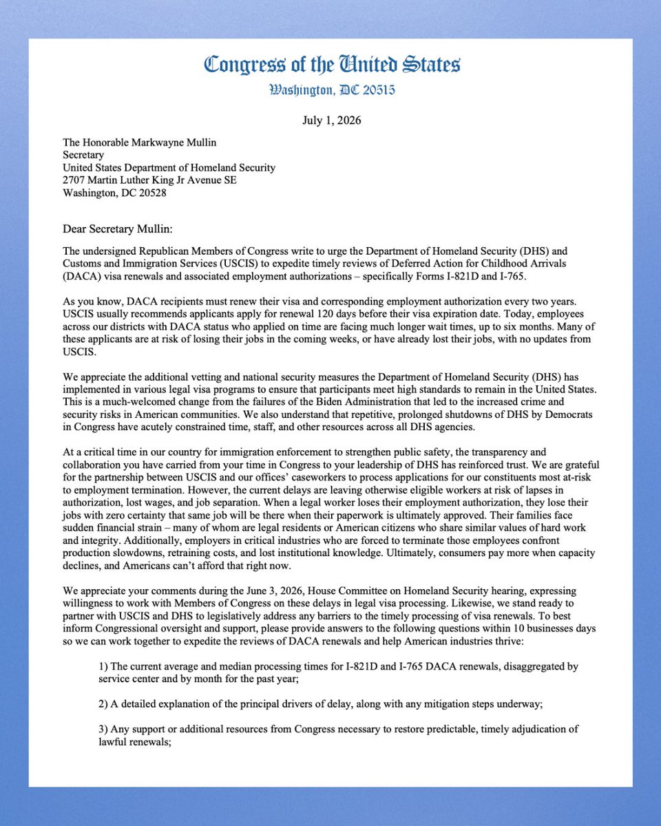 repgabeevans's tweet photo. When hardworking Coloradans do everything right, they shouldn't lose their jobs because of government delays.

After hearing directly from constituents across Colorado's Eighth District, I led a congressional effort urging DHS and USCIS to expedite DACA renewal and work authorization processing for legally authorized workers who filed their renewal applications on time but remain stuck in months-long backlogs.

My office has already helped multiple constituents receive long-overdue approvals, and I'll keep fighting until every hardworking family gets the answers they deserve.