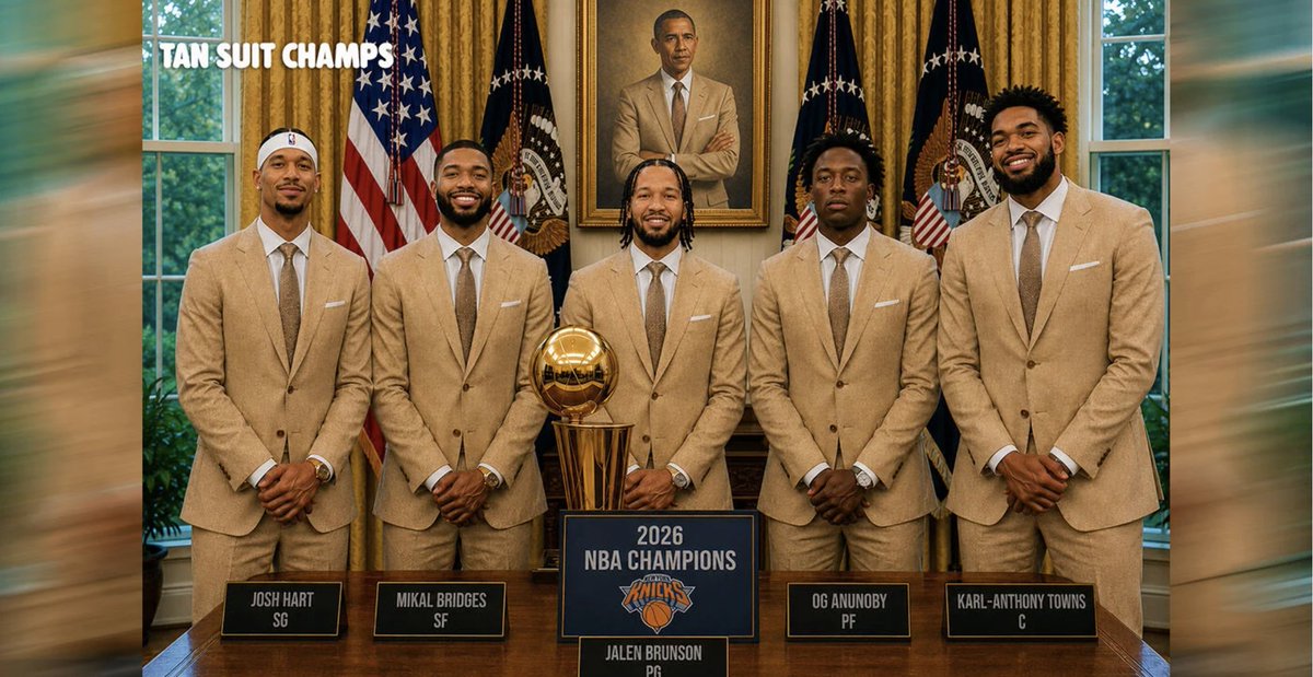 karenhunter's tweet photo. The #Knicks won a championship, and now fans want them to visit the # WhiteHouse in matching tan suits. Honestly? It’s funny, stylish and just petty enough to be perfect. “Yes We Tan” might be the championship slogan New York deserves. #InsightNews Read more over @TheHub_news,, https://t.co/Uub7pxmIXp