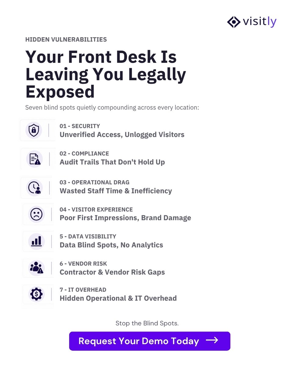 visitlyio's tweet photo. Turn your front-desk blind spots into a defensible, centralized asset control layer. Close the gap across every facility.

Book your live demo: https://t.co/R6h3lVcWhP

#EnterpriseSecurity #VisitorManagement #Compliance #ITAR https://t.co/UWv2JatHi3