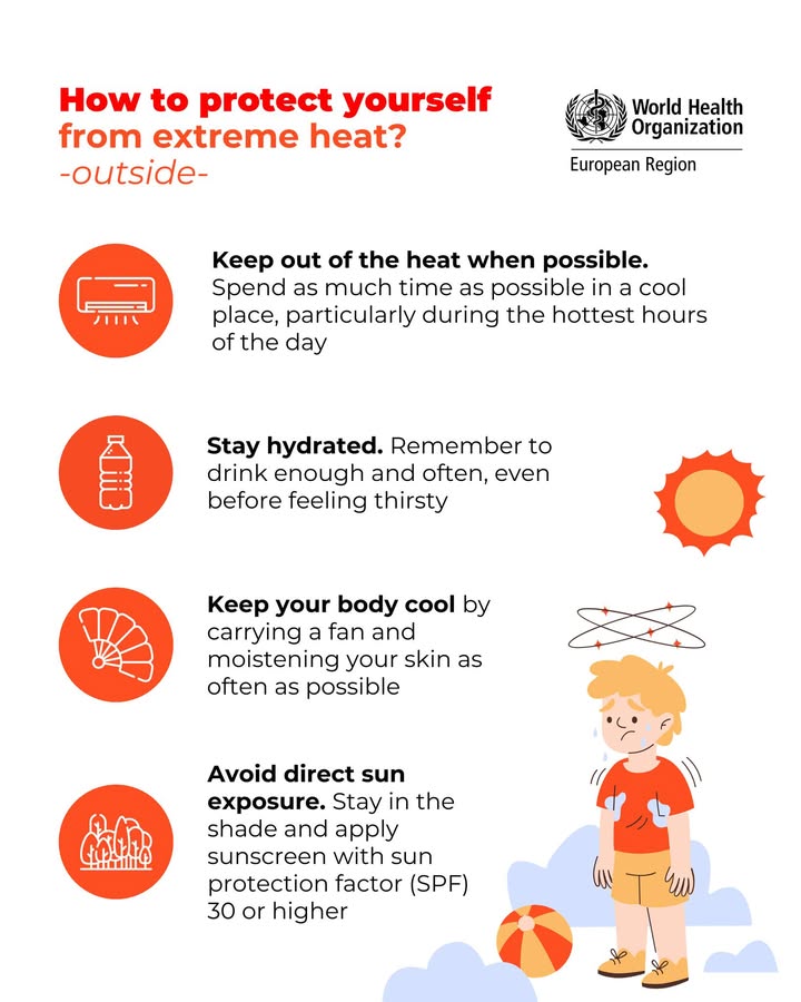 WHO_Europe's tweet photo. ☀️ How can you protect yourself from extreme heat?

Read more: https://t.co/3vyznmCzVa

- Stay in the shade
- Drink before you're thirsty
- Close blinds during the day
- Do not leave children or animals in parked vehicles

Read more: https://t.co/3vyznmCzVa https://t.co/4tJCfKPeyR