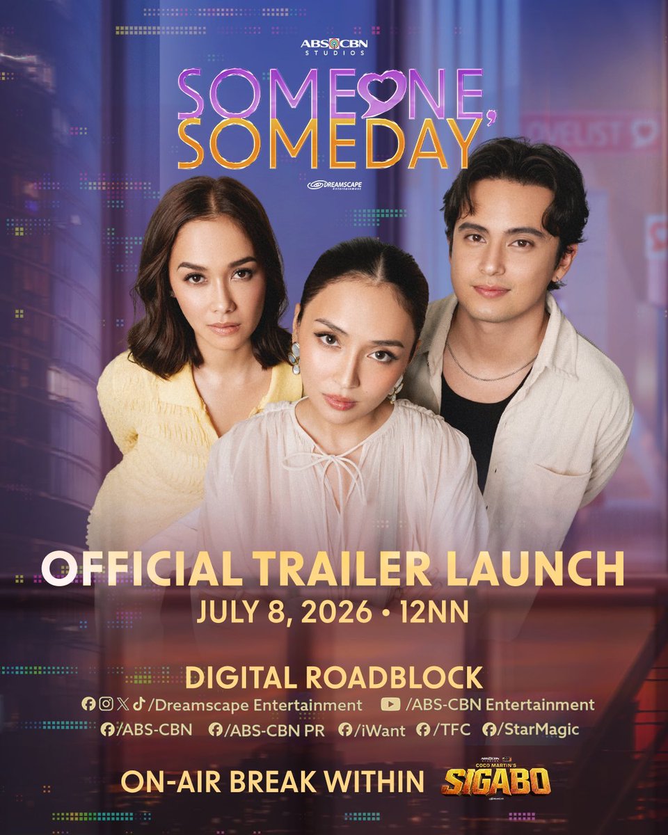 ABSCBNpr's tweet photo. Turns out ‘someday’ had a date all along! Don’t miss the #SomeoneSomedayOfficialTrailer TOMORROW, JULY 8. Stay tuned! 💜💛

#SomeoneSomeday https://t.co/ycej8IABIa