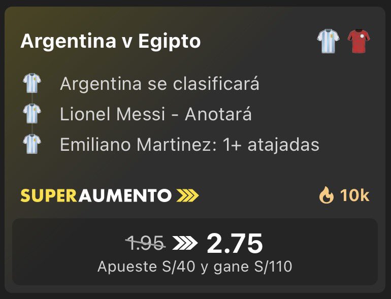 enriquevega__'s tweet photo. 🔥🏆 PARTIDAZO ENTRE ARGENTINA Y EGIPTO CON 𝗦𝗨𝗣𝗘𝗥𝗔𝗨𝗠𝗘𝗡𝗧𝗢 𝗔𝗖𝗧𝗜𝗩𝗔𝗗𝗢: 𝟭.𝟵𝟱 𝗔 𝟮.𝟳𝟱 🇦🇷🇪🇬

✅ Argentina se clasificará. 
✅ Lionel Messi anotará.
✅ Emiliano Martínez tendrá 1 o más atajadas.

⚠️ Disponible con mi link: https://t.co/sTuiqxcdfh (aplican T&C) | +🔞 Juega con responsabilidad.