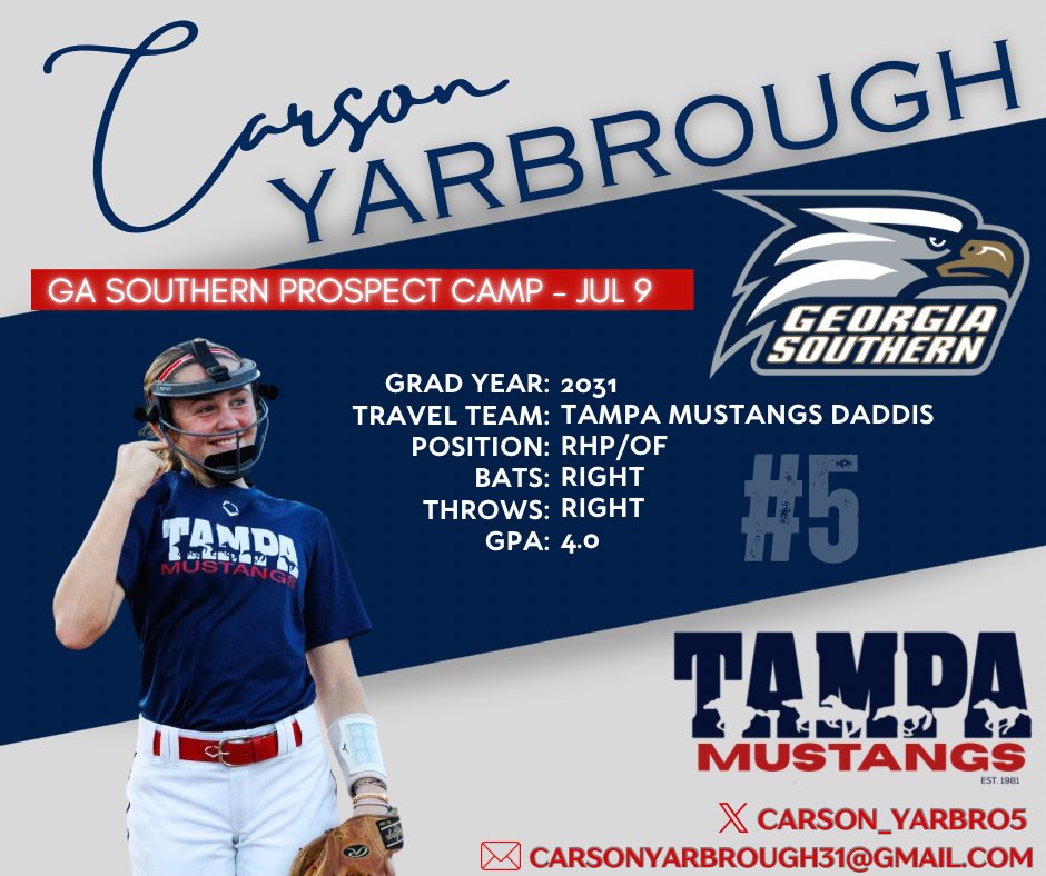 Carson_Yarbro5's tweet photo. Excited for the opportunity to learn from the Georgia Southern softball program on Thursday! @CoachPerkinsSB @GSAthletics_SB @victoriadaddis @TMDaddis2013 @LineDsoftball @ExtraInningSB @PrepSoftball @SoftballWayne @912Sports @TampaMustangs https://t.co/fhBMRika5G