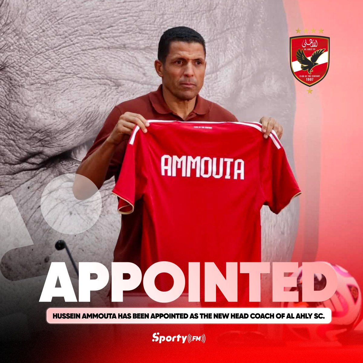 SportyFMKE's tweet photo. OFFICIAL ✍️

Hussein Ammouta has been appointed as the new Head Coach of Al Ahly SC.

A major move for the Egyptian giants as they bring in the experienced tactician to lead the charge. #BeyondSport https://t.co/l3oFh7WfoM